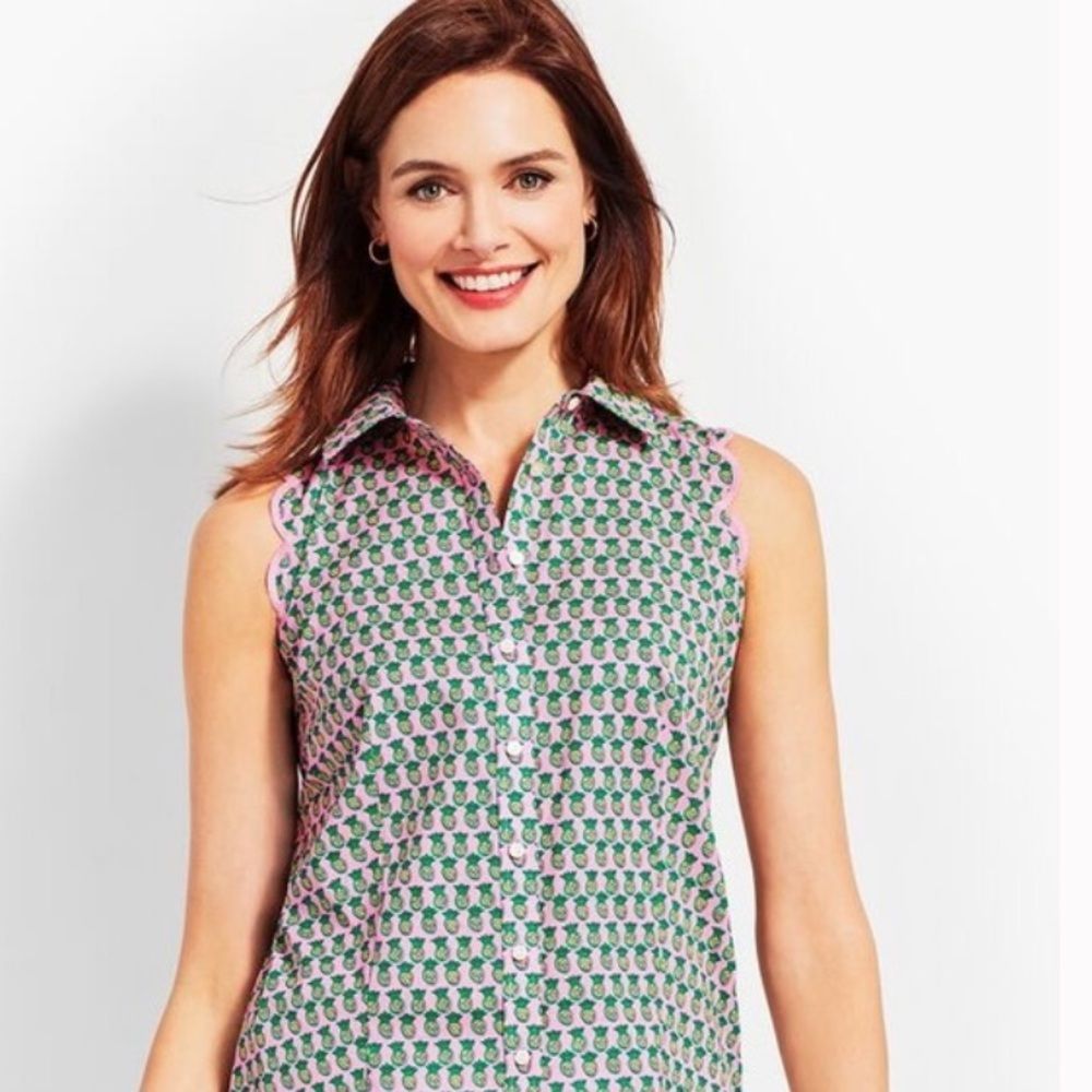 Talbots Blouse Pink Non Iron Button Pineapple Pattern Sleeveless - Size 2P